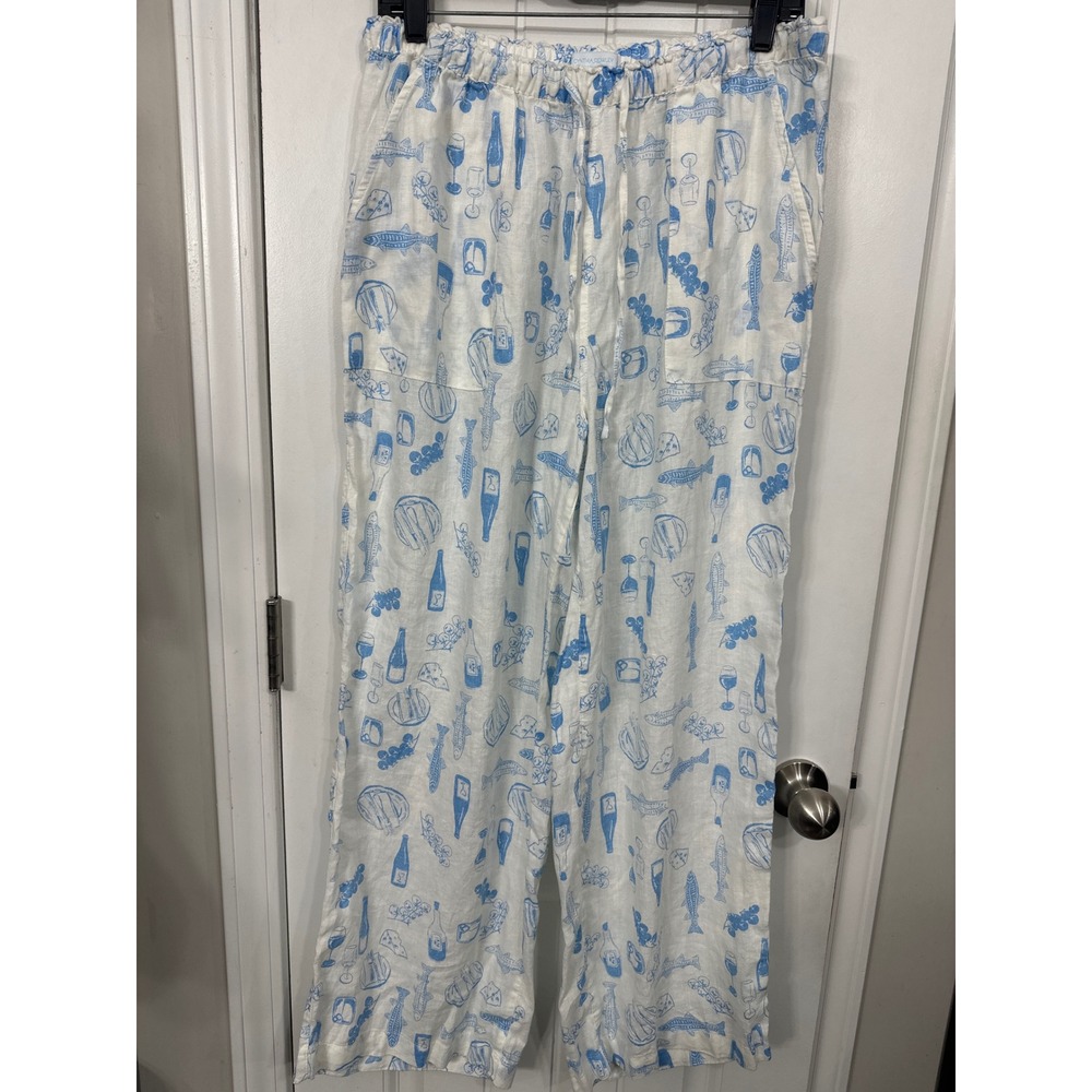 Cynthia Rowley 100% Linen Wide Leg Pants Blue White Wine Fish Print Womens L - Picture 1 of 7